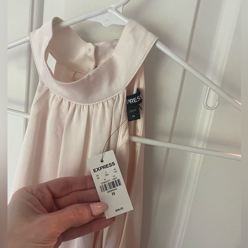 Ivory satin and lined, long, left leg slit, maxi dress.  Size XS.  Express NWT